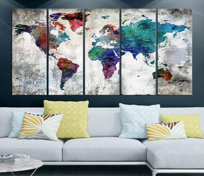 Modern Colorful World Map with Push Pins Detailed Map Canvas Wall Art Print