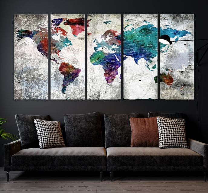 Modern Colorful World Map with Push Pins Detailed Map Canvas Wall Art Print