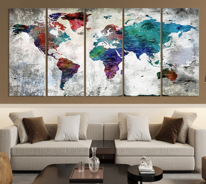 Modern Colorful World Map with Push Pins Detailed Map Canvas Wall Art Print