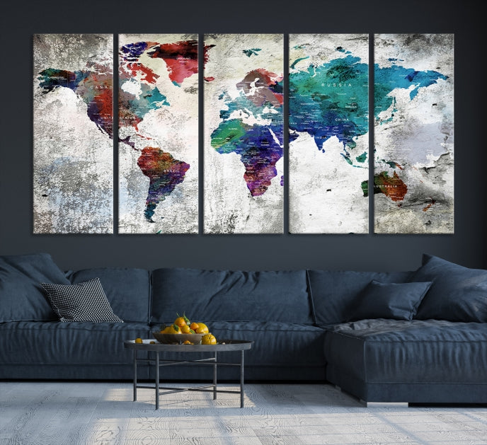 Modern Colorful World Map with Push Pins Detailed Map Canvas Wall Art Print