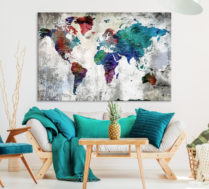 Modern Colorful World Map with Push Pins Detailed Map Canvas Wall Art Print