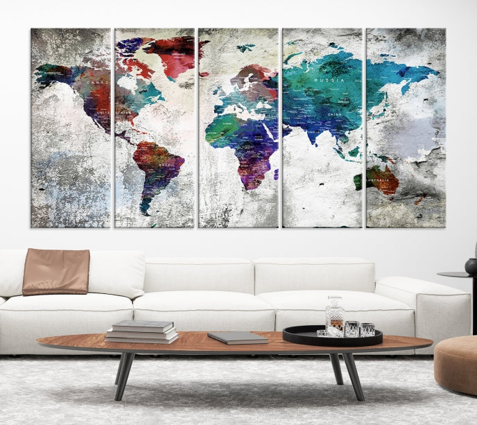 Modern Colorful World Map with Push Pins Detailed Map Canvas Wall Art Print