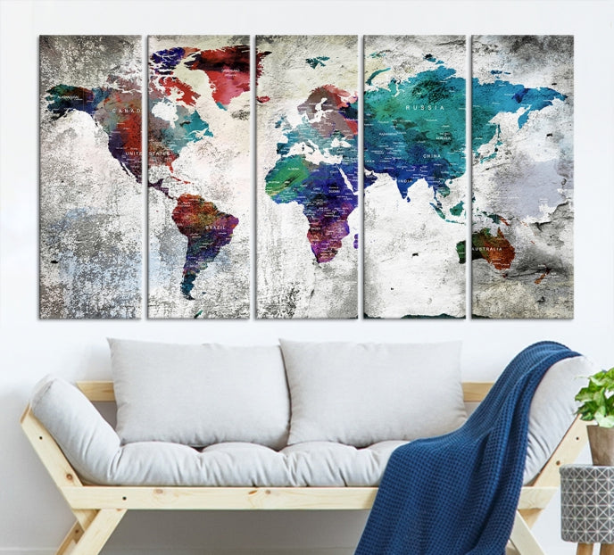 Modern Colorful World Map with Push Pins Detailed Map Canvas Wall Art Print