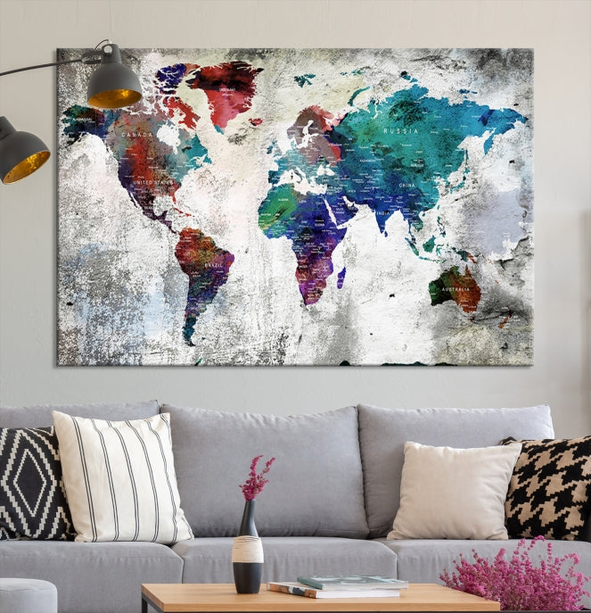 Modern Colorful World Map with Push Pins Detailed Map Canvas Wall Art Print