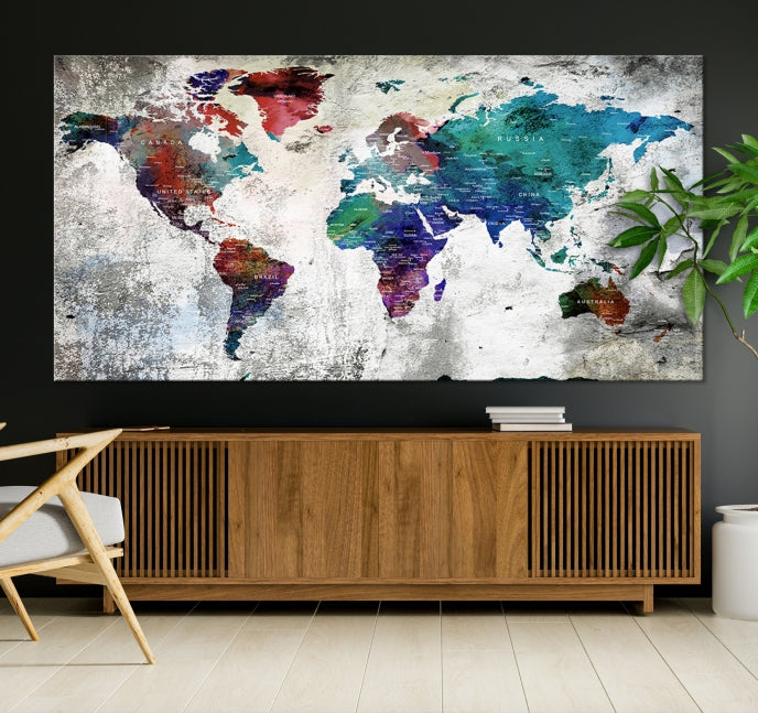 Modern Colorful World Map with Push Pins Detailed Map Canvas Wall Art Print