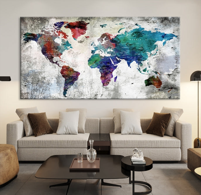 Modern Colorful World Map with Push Pins Detailed Map Canvas Wall Art Print