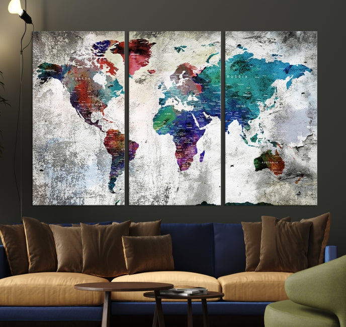 Modern Colorful World Map with Push Pins Detailed Map Canvas Wall Art Print