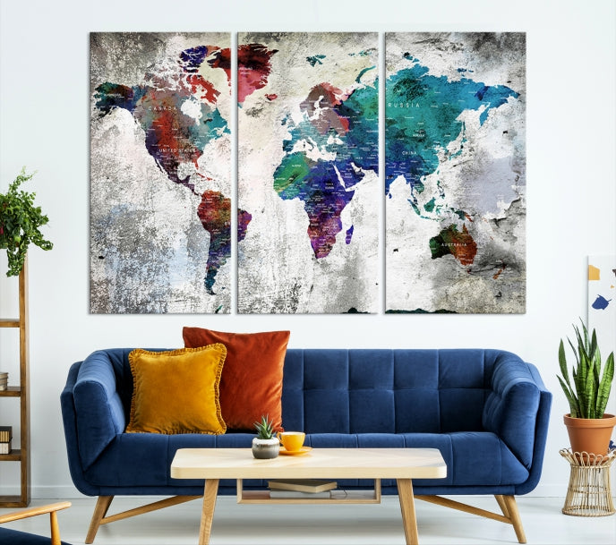 Modern Colorful World Map with Push Pins Detailed Map Canvas Wall Art Print