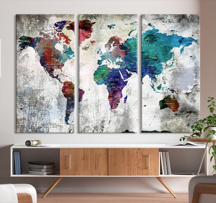 Modern Colorful World Map with Push Pins Detailed Map Canvas Wall Art Print