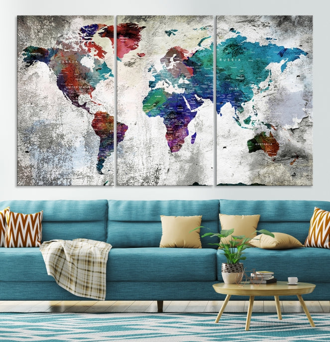 Modern Colorful World Map with Push Pins Detailed Map Canvas Wall Art Print