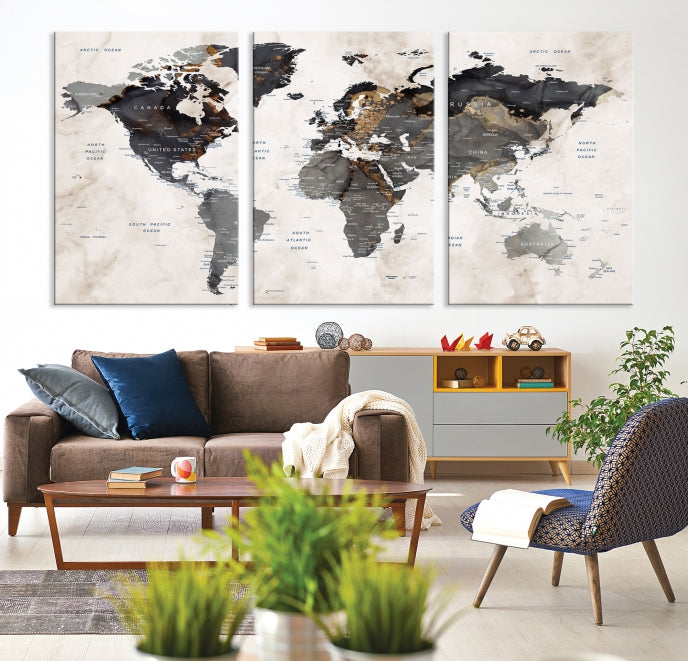 Modern Grunge World Map Wall Art Canvas Print