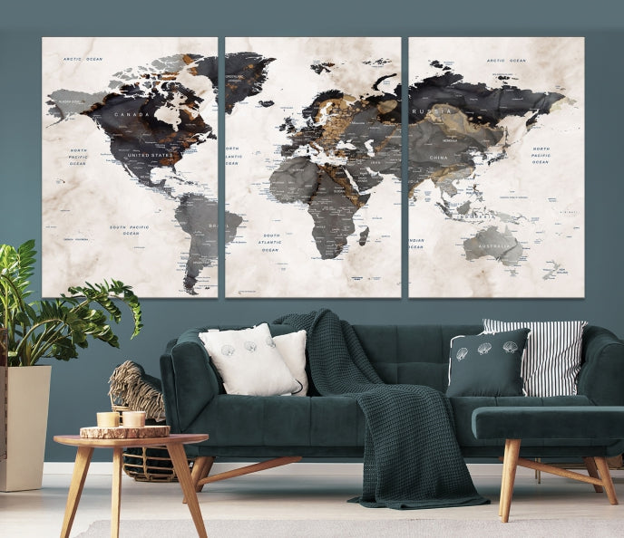 Modern Grunge World Map Wall Art Canvas Print