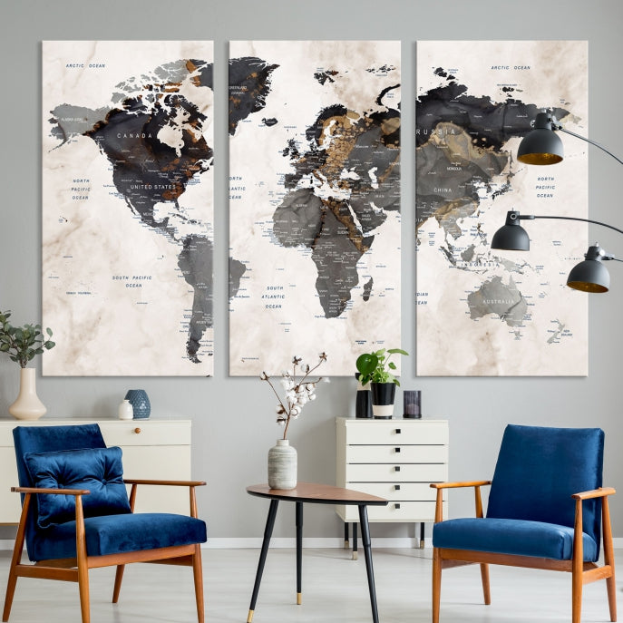 Modern Grunge World Map Wall Art Canvas Print