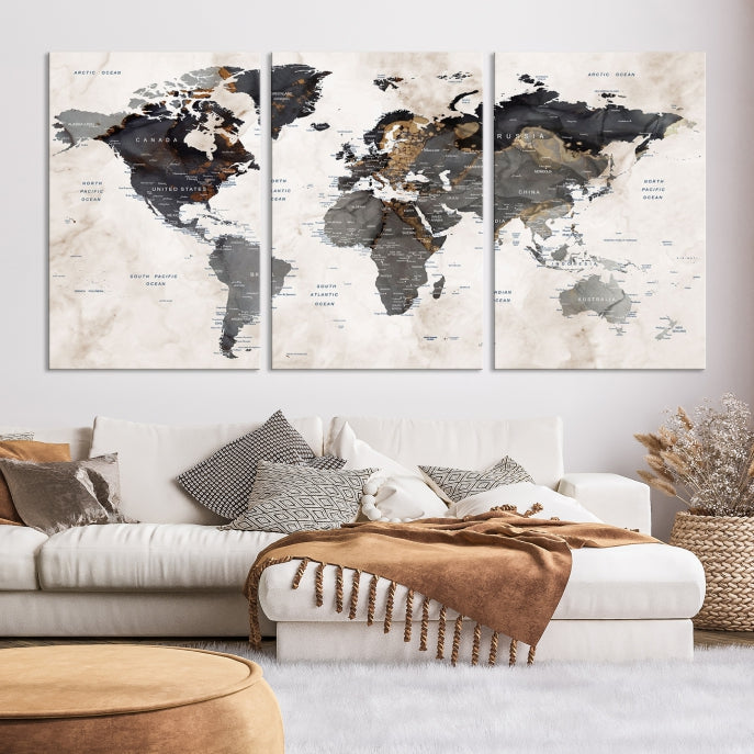 Modern Grunge World Map Wall Art Canvas Print