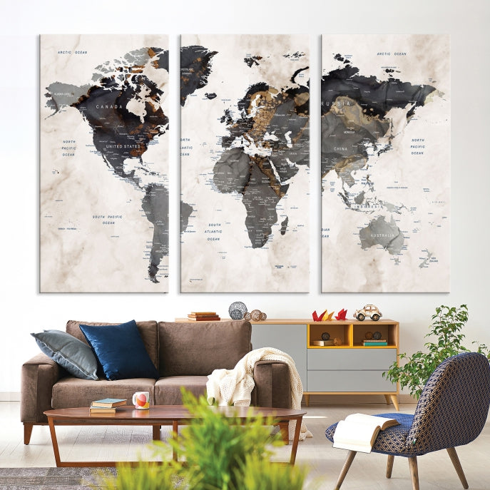 Modern Grunge World Map Wall Art Canvas Print