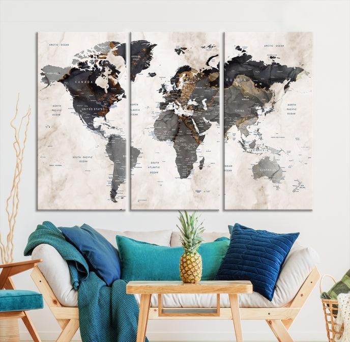 Modern Grunge World Map Wall Art Canvas Print