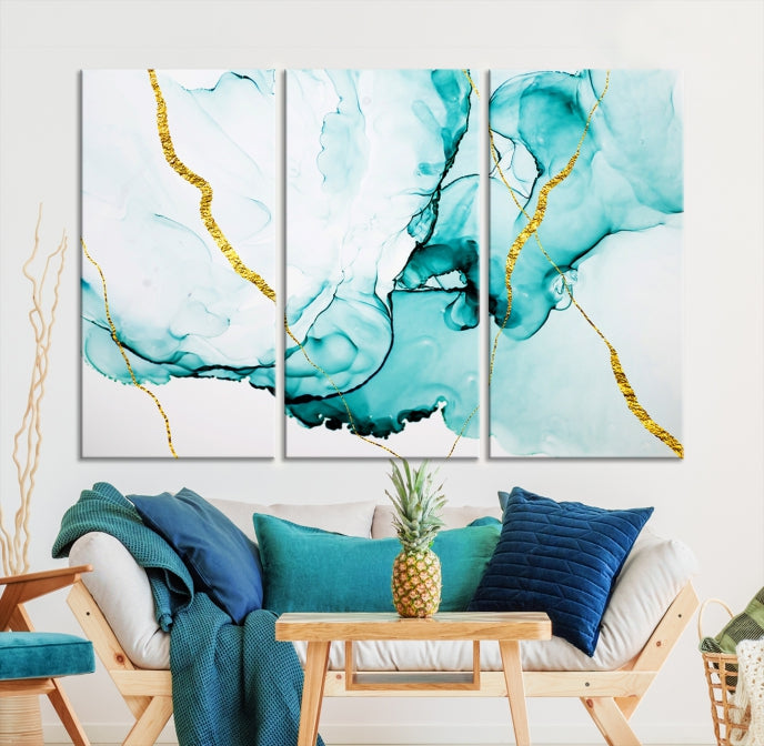 Modern Turquoise Gold Abstract Painting on Original Canvas Wall Art Giclee Print