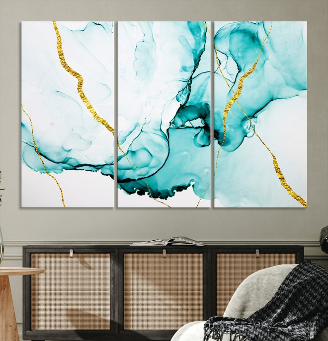 Modern Turquoise Gold Abstract Painting on Original Canvas Wall Art Giclee Print