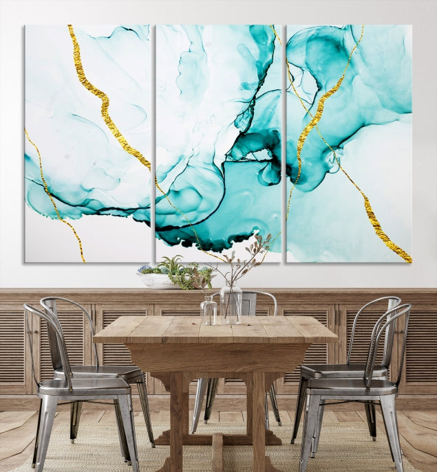 Modern Turquoise Gold Abstract Painting on Original Canvas Wall Art Giclee Print