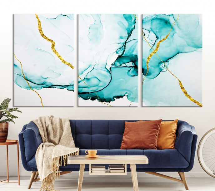 Modern Turquoise Gold Abstract Painting on Original Canvas Wall Art Giclee Print