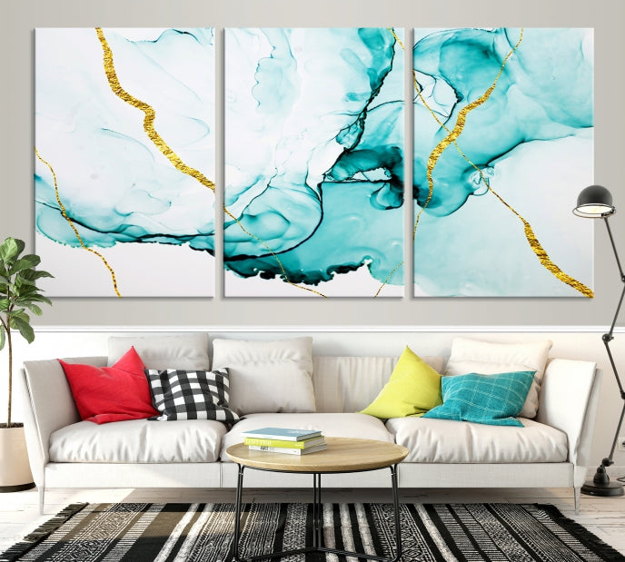 Modern Turquoise Gold Abstract Painting on Original Canvas Wall Art Giclee Print