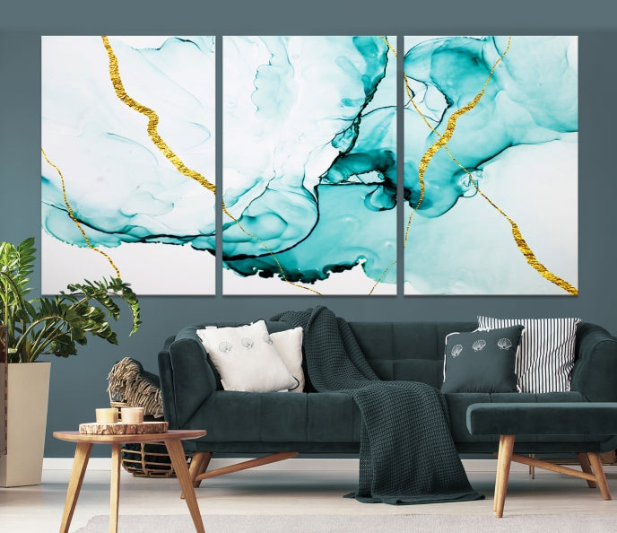 Modern Turquoise Gold Abstract Painting on Original Canvas Wall Art Giclee Print