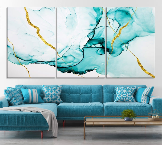 Modern Turquoise Gold Abstract Painting on Original Canvas Wall Art Giclee Print