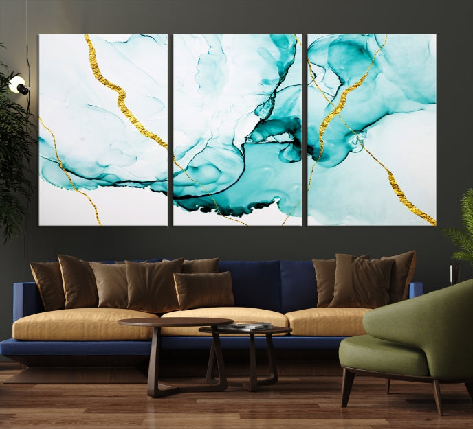 Modern Turquoise Gold Abstract Painting on Original Canvas Wall Art Giclee Print