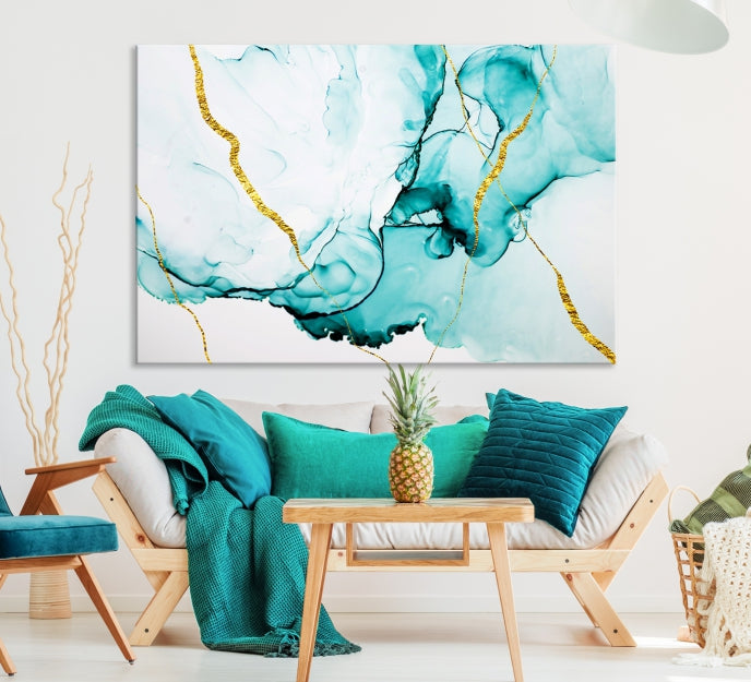 Modern Turquoise Gold Abstract Painting on Original Canvas Wall Art Giclee Print