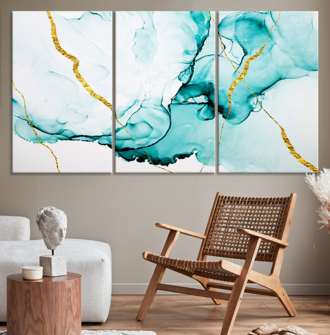 Modern Turquoise Gold Abstract Painting on Original Canvas Wall Art Giclee Print