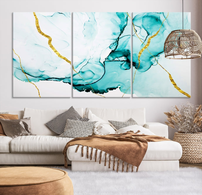 Modern Turquoise Gold Abstract Painting on Original Canvas Wall Art Giclee Print