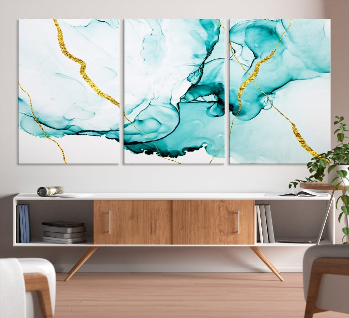 Modern Turquoise Gold Abstract Painting on Original Canvas Wall Art Giclee Print