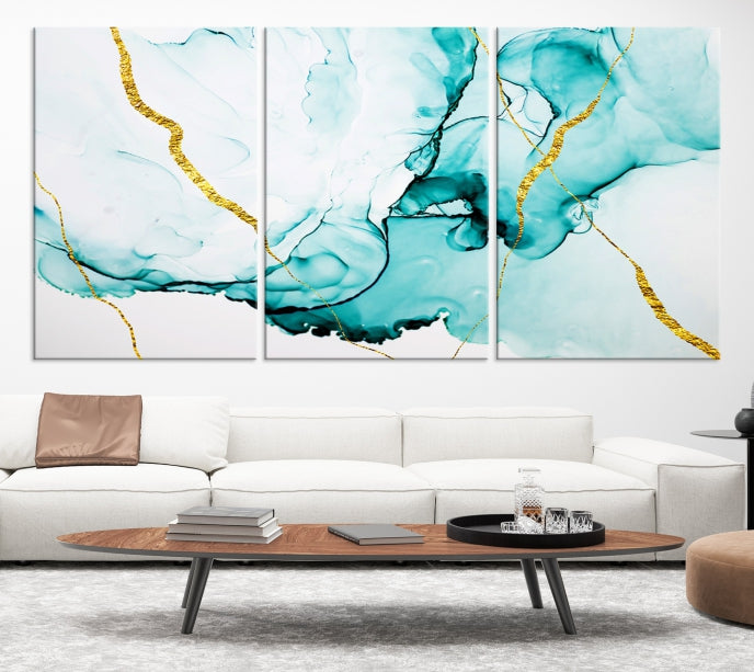 Modern Turquoise Gold Abstract Painting on Original Canvas Wall Art Giclee Print