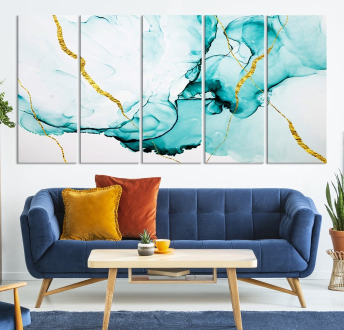 Modern Turquoise Gold Abstract Painting on Original Canvas Wall Art Giclee Print