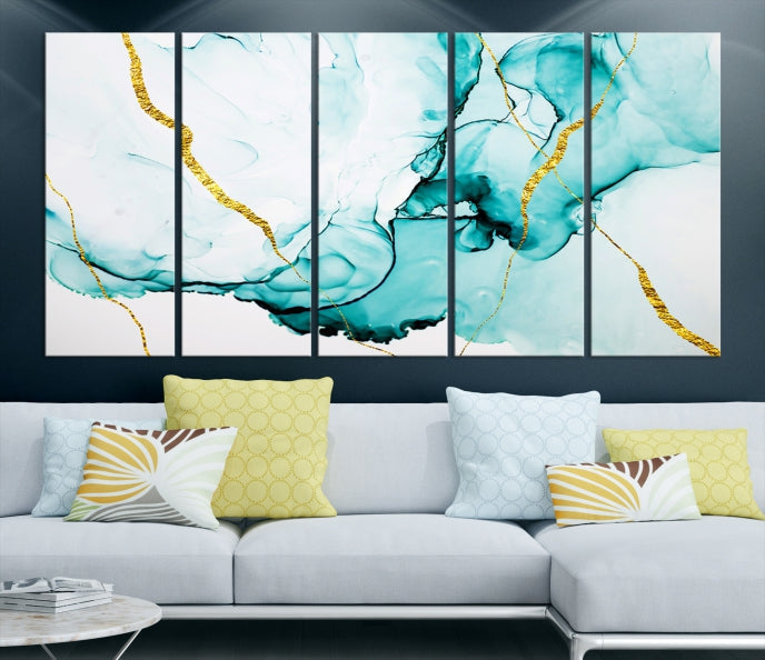 Modern Turquoise Gold Abstract Painting on Original Canvas Wall Art Giclee Print