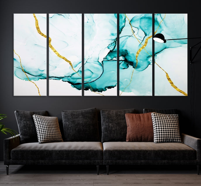 Modern Turquoise Gold Abstract Painting on Original Canvas Wall Art Giclee Print