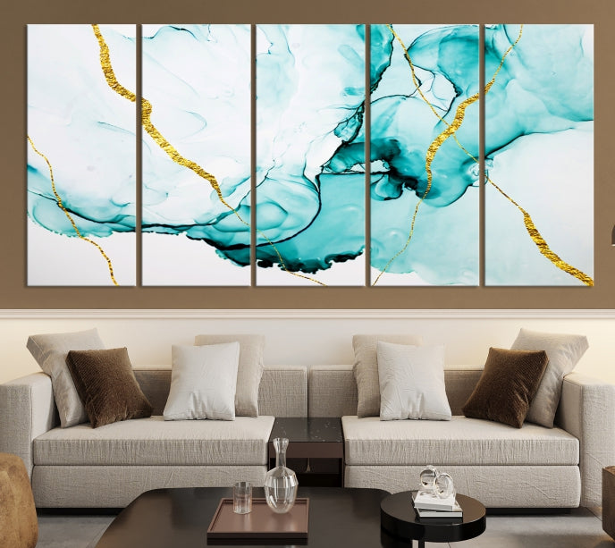 Modern Turquoise Gold Abstract Painting on Original Canvas Wall Art Giclee Print