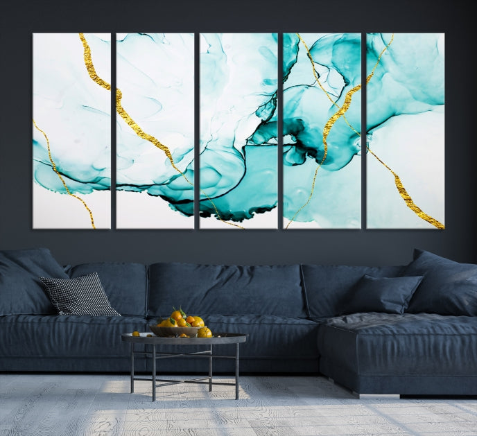 Modern Turquoise Gold Abstract Painting on Original Canvas Wall Art Giclee Print