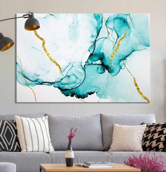 Modern Turquoise Gold Abstract Painting on Original Canvas Wall Art Giclee Print