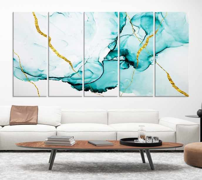 Modern Turquoise Gold Abstract Painting on Original Canvas Wall Art Giclee Print