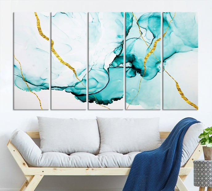 Modern Turquoise Gold Abstract Painting on Original Canvas Wall Art Giclee Print