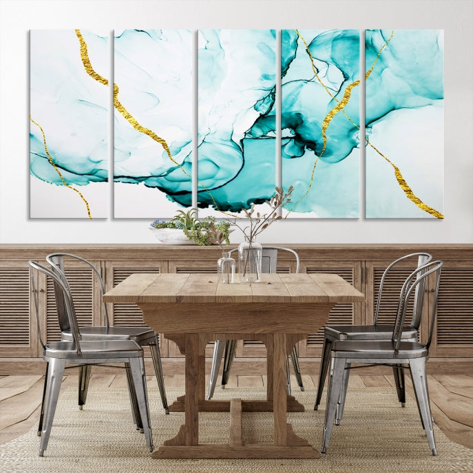 Modern Turquoise Gold Abstract Painting on Original Canvas Wall Art Giclee Print