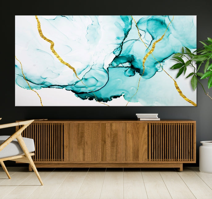 Modern Turquoise Gold Abstract Painting on Original Canvas Wall Art Giclee Print