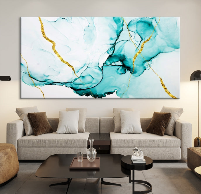 Modern Turquoise Gold Abstract Painting on Original Canvas Wall Art Giclee Print