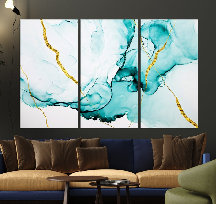 Modern Turquoise Gold Abstract Painting on Original Canvas Wall Art Giclee Print