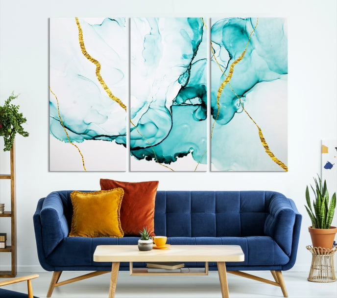 Modern Turquoise Gold Abstract Painting on Original Canvas Wall Art Giclee Print