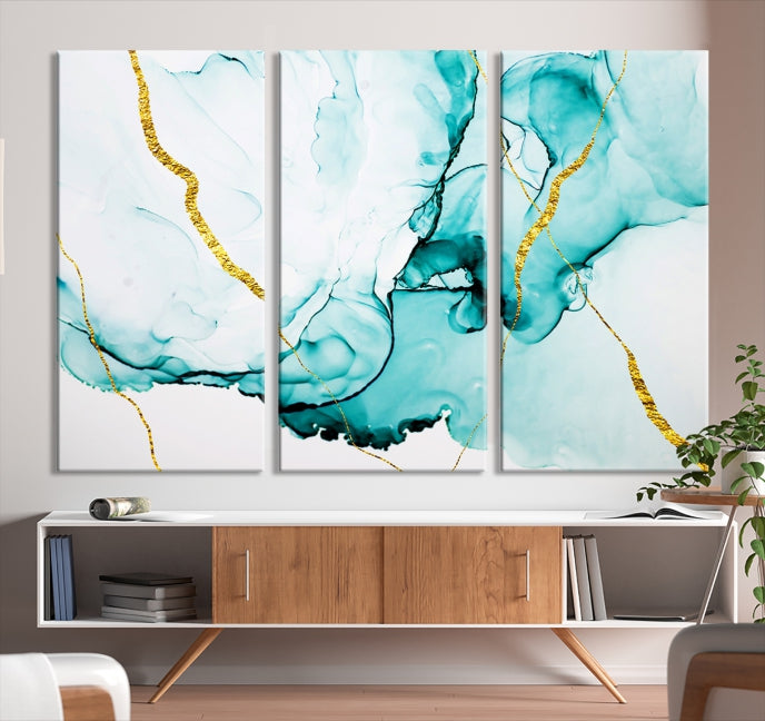 Modern Turquoise Gold Abstract Painting on Original Canvas Wall Art Giclee Print