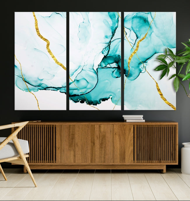 Modern Turquoise Gold Abstract Painting on Original Canvas Wall Art Giclee Print