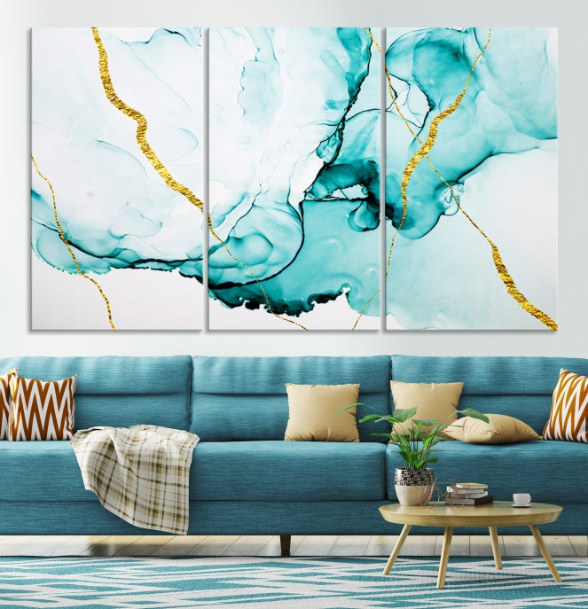 Modern Turquoise Gold Abstract Painting on Original Canvas Wall Art Giclee Print