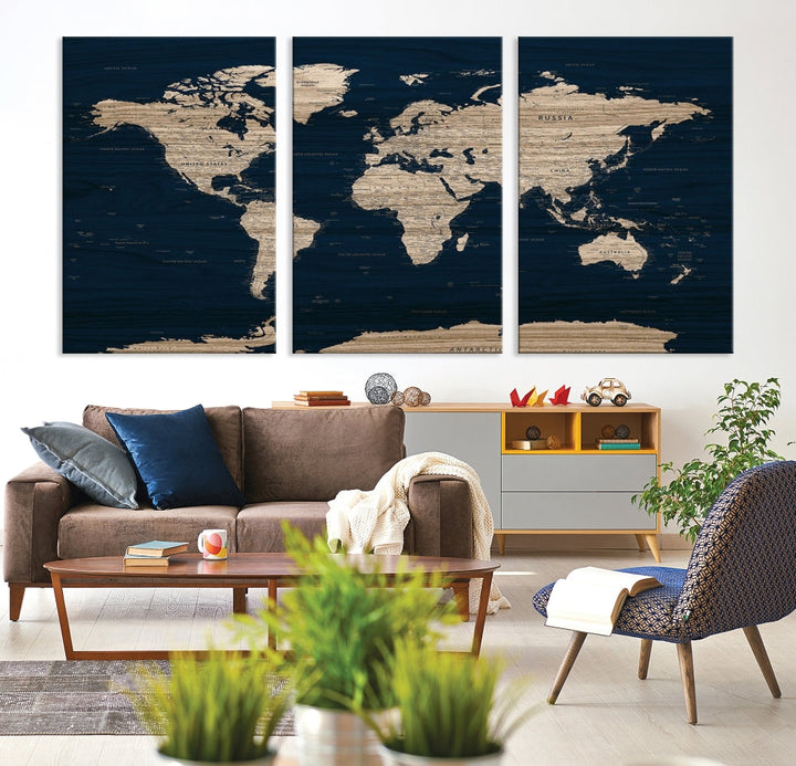 Modern World Map Canvas Print Blue Background Travel Map Push Pin Detailed Set of